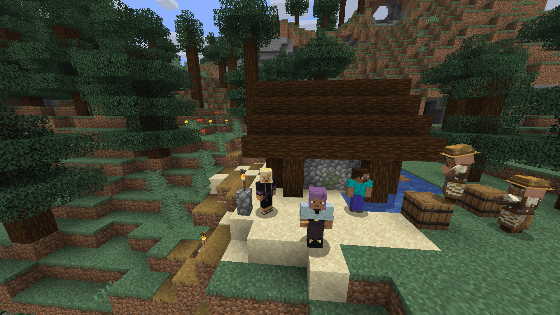 Three Minecraft characters stand by a village well in a spruce forest, with two villagers beside them.